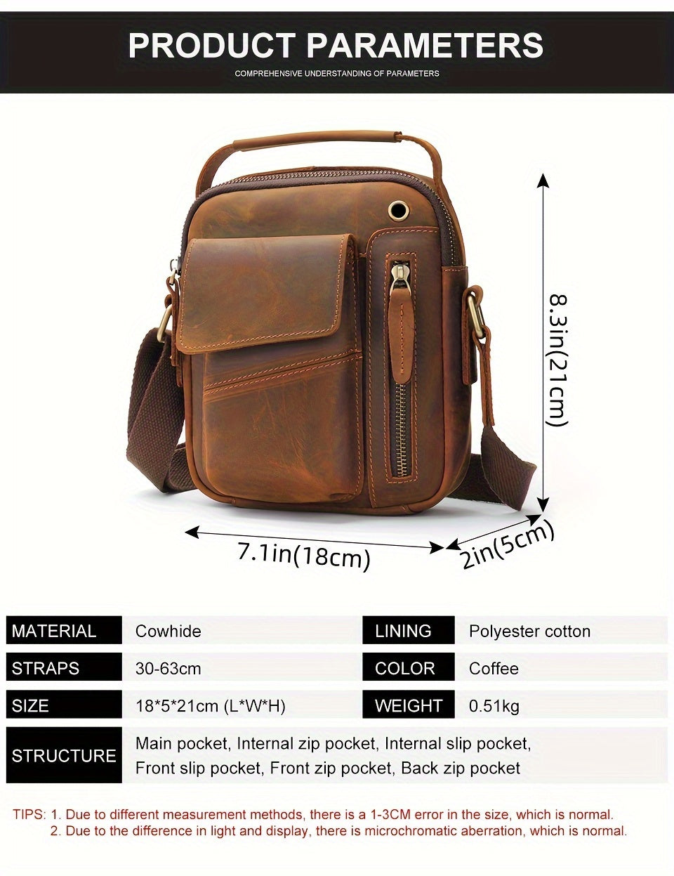 Men's Genuine Leather Vintage Crossbody Sling Bag - Coffee Brown Adjustable Strap, Large Capacity Anti-Theft Multi-Compartment