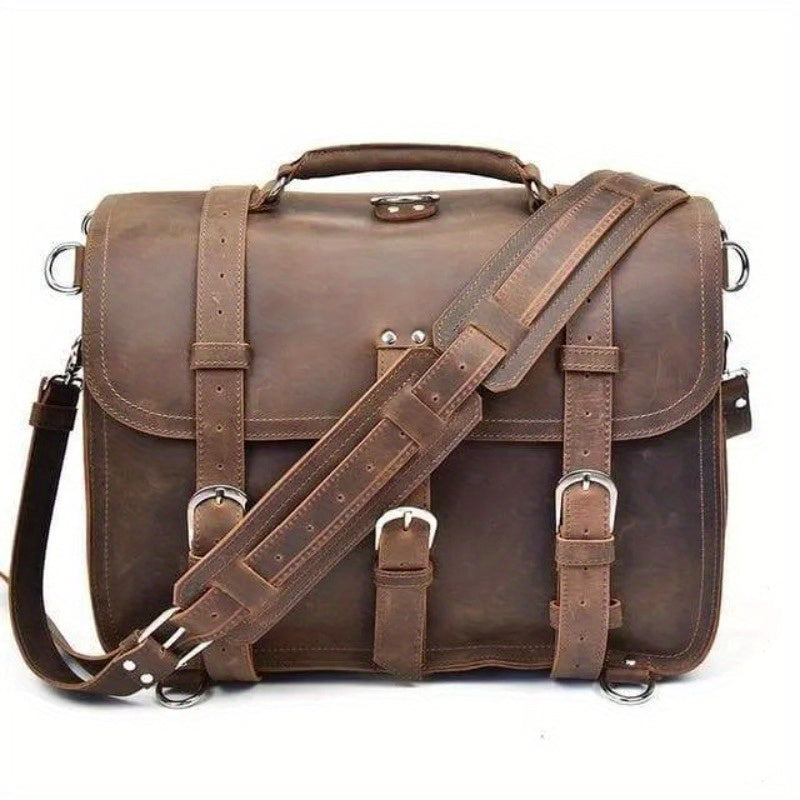 Large Capacity Vintage Crazy Horse Faux Leather Messenger Bag - Elegant Brown with Multiple Compartments, Fits 15" Laptop