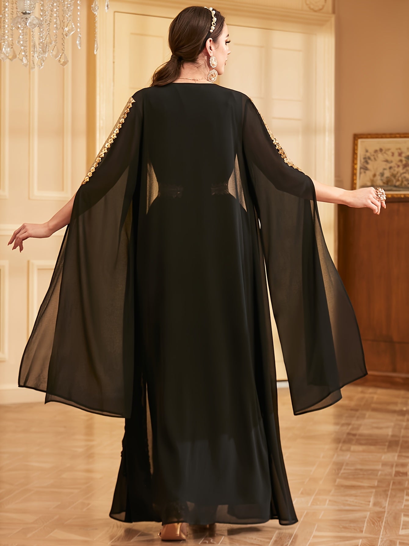 Two-piece Set: Fashion Embroidered Vest with Waist Cincher and Long Skirt + Cardigan with Sequins and Split Long Sleeves Abaya Gown Dress
