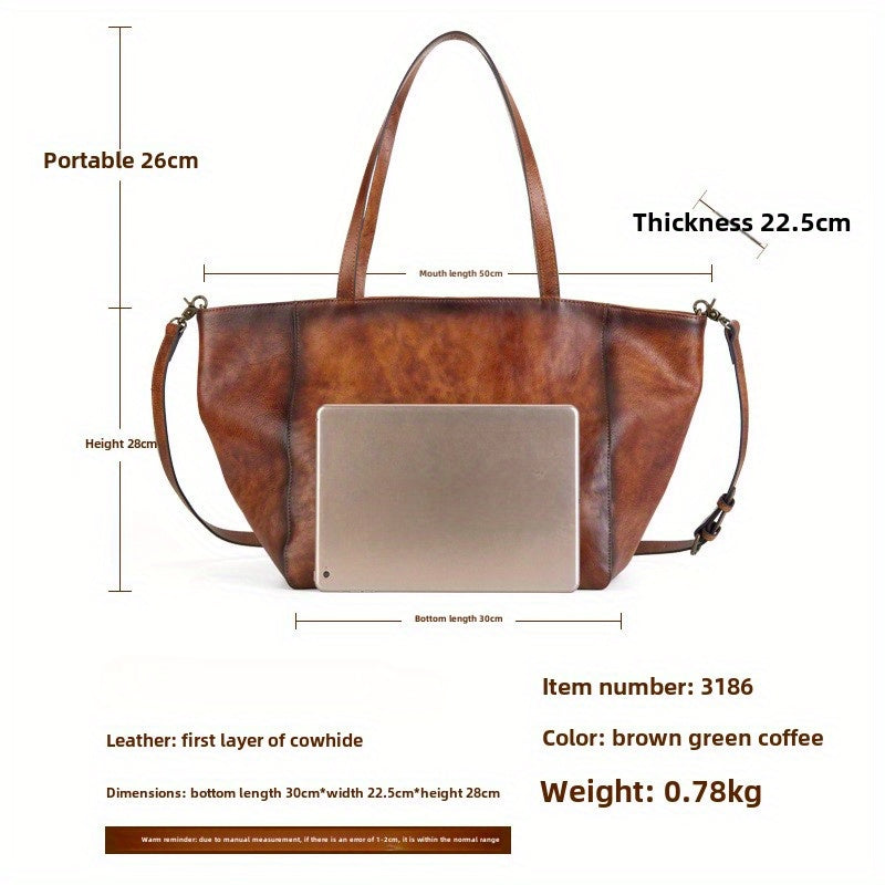 Tanned Cowhide Large Capacity Tote Bag, Genuine Leather One-Shoulder Cross-Span Bag Women's Large Bag Shopping Bag