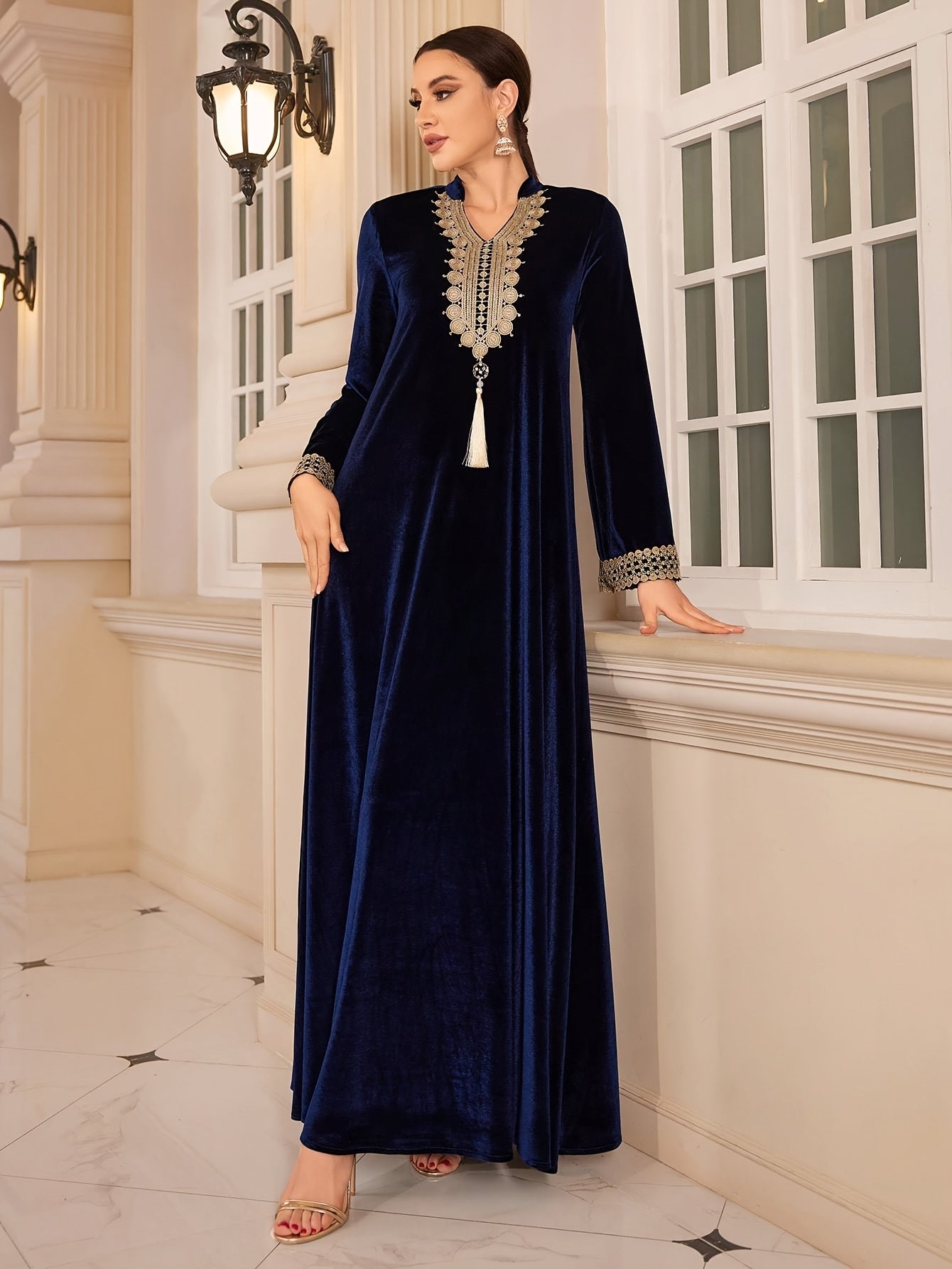 Elegant Women's V-Neck Tassel Embroidered Long Sleeve Maxi Modern Abaya - Velvet Teal Blue with Detachable Belt, Flowy Loose Fit for Weddings, Parties & Festivals, Middle Eastern Attire
