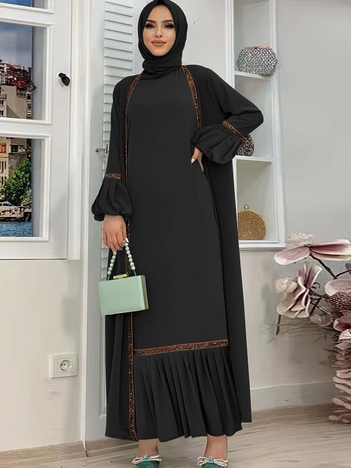 Abaya Contrast Trim Elegant Two Piece Set, Ruffle Hem Tank Dress & Lantern Sleeve Open Front Cardigan Outfits, Women's Clothing