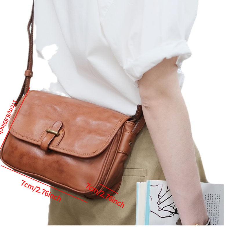 Japanese-Style Vintage Crossbody Shoulder Bag - Genuine Leather with Adjustable Strap & Golden-Tone Clasps, Zipper Closure, Polyester Lining