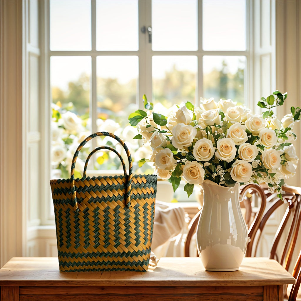 One Piece, Hand-Woven Handbag Handheld Versatile Women's Bag, Suitable for Vacation, Imitation Rattan Design, Tote Bag Style
