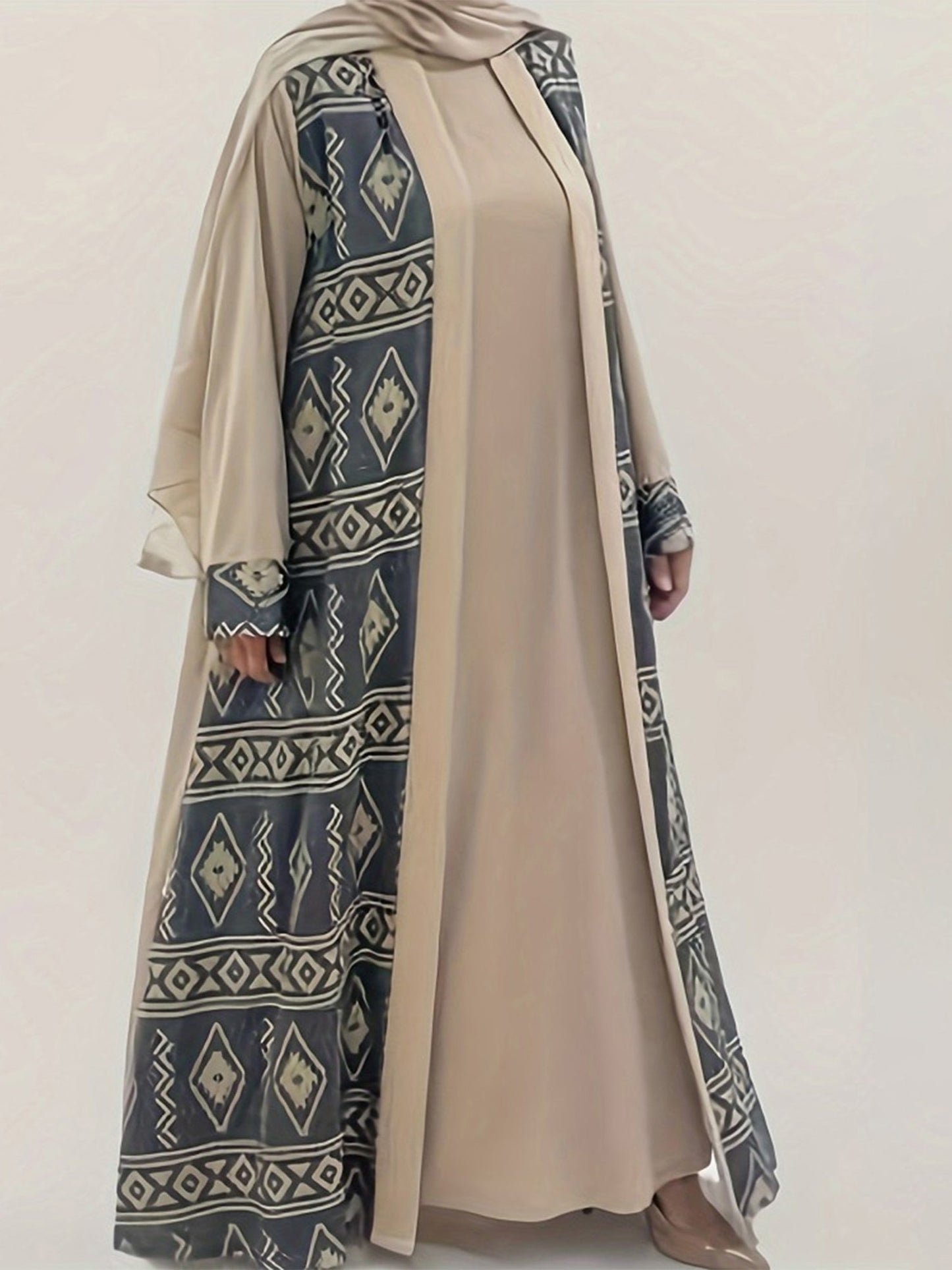 Women Abaya Burqa Long Loose Geometric Print Fake Two-Piece Long Sleeve Dress Middle Eastern Eid Clothes