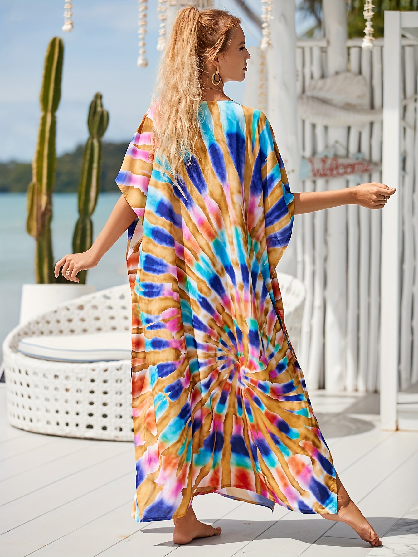 Women's Casual Long Beach Cover Up Shirt With V-neck And Side Slit Bikini Sun Protection Shirt Kaftan dress Swimsuit Cover Up