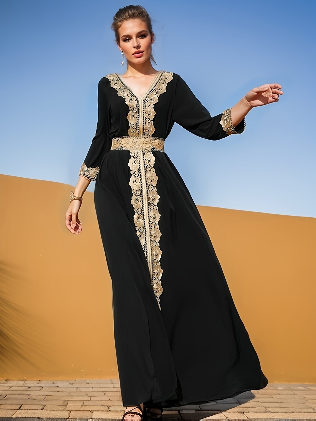 Elegant Golden Contrast Lace Detail Maxi Palestinian Abaya - V-Neck, Long Sleeve, Polyester, Formal or Evening Wear for Women, Formal Occasion Attire | Lace Detailing | Polyester Fabric