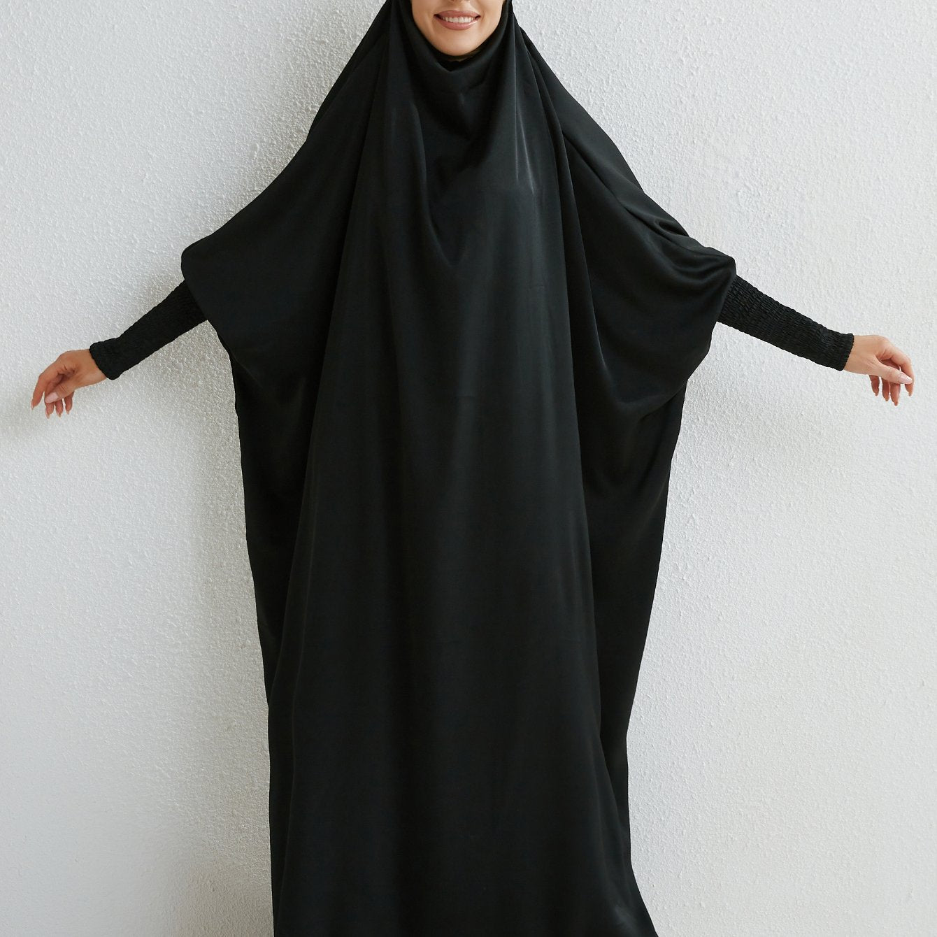 Elegant Loose-Fit Abaya Robe with Built-In Headscarf - Modest Ramadan Prayer Dress, Long Sleeve Butterfly Cuff Traditional Middle Eastern Full-Length Cover Dress, Solid Color Machine Washable, Religious Attire, Allseason Wear