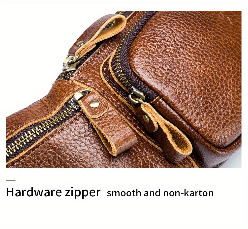 Real Leather Men's Messenger Sling Bag, Cowhide Chest Bag, Sporty And Casual Style, Top layer Cowhide Cash Bag, Trendy Men's Waist Bag