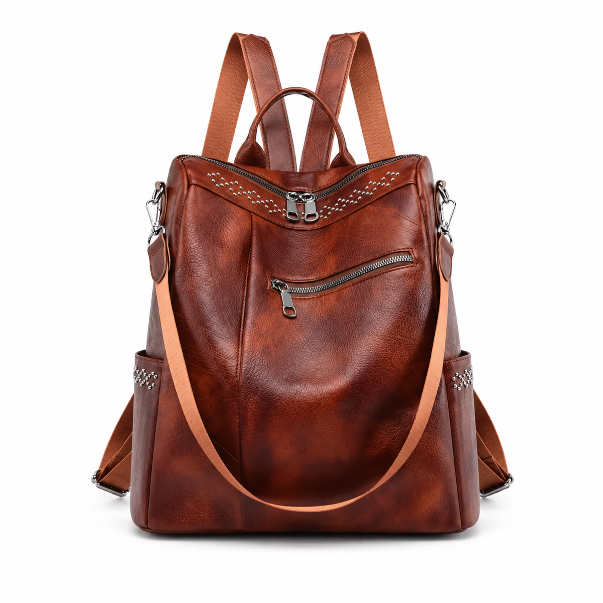Vintage Brown Studded Convertible Backpack Bag