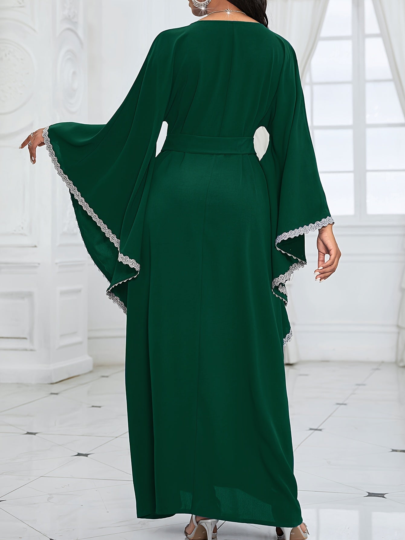 Women's Middle Eastern-Inspired Geometric Print Pakistani Abaya - Long Sleeve Belted Waist Floor-Length Dress with Pockets, Breathable Fabric for Spring/Summer