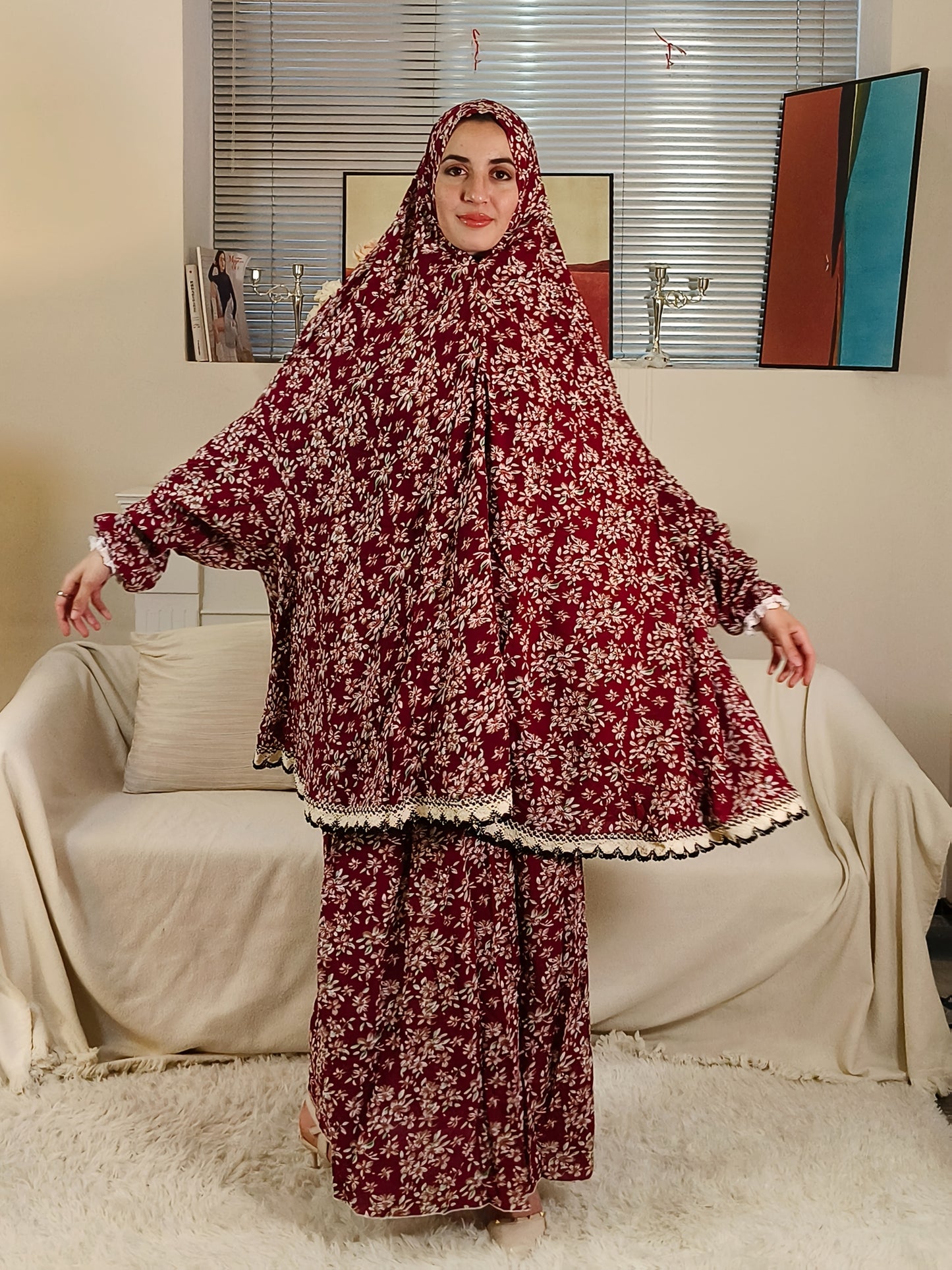 Middle Eastern Women'S Hooded Prayer Robe Two-Piece Set Jilbaab