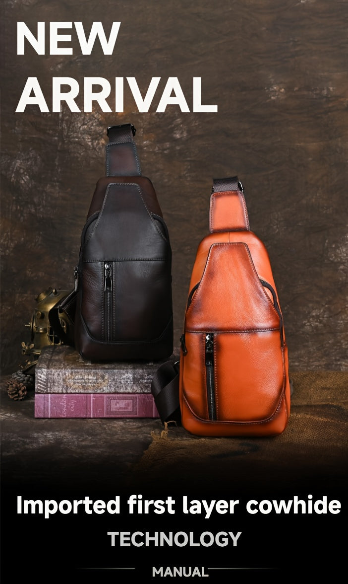 Men's Vintage Genuine Leather Chest Bag - Large Capacity Casual Messenger Shoulder Bag with Zipper Closure, Outdoor Shoulder Bag | Retro Style Bag
