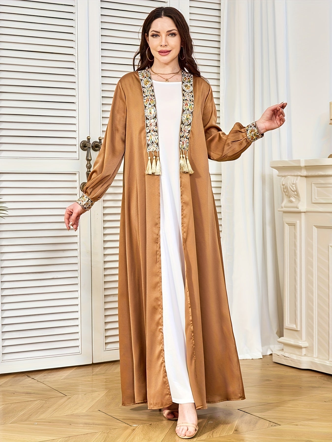 Middle East Dubai New Evening Dress Muslim Women's Open Front Tassel Pendant Abaya Two-Piece Set