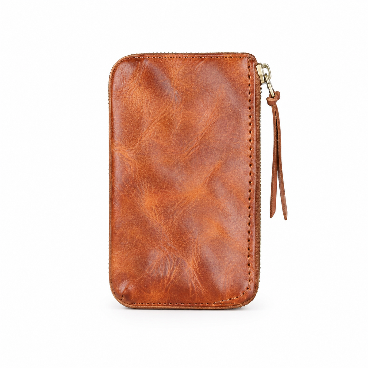 Vintage Brown Leather Zip-Around Wristlet Wallet