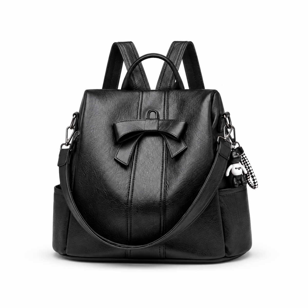 Black Bow Detail Convertible Leather Backpack & Shoulder Bag