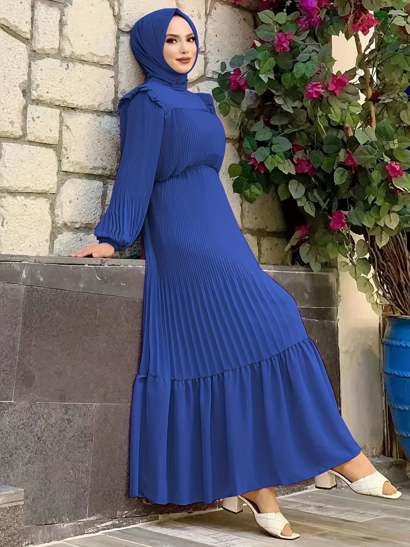 Women's Middle Eastern Muslim Baju Abaya Dress - Solid Color Pleated Long Sleeve with Belted Waist, Lightweight Breathable Fabric, Machine Washable Traditional Modest Dress