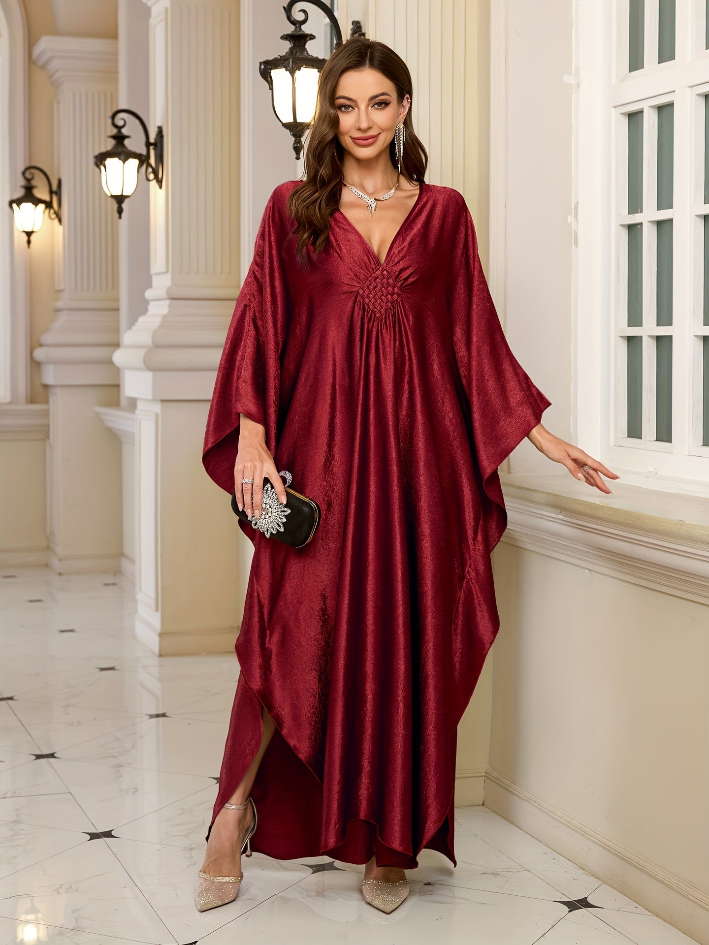 Plus Size Dark Red Kaftan for Women - Elegant V-Neck Beach Cover-Up with Long Sleeves, 100% Polyester, Machine Washable, Perfect for Summer Holidays and Poolside Lounging