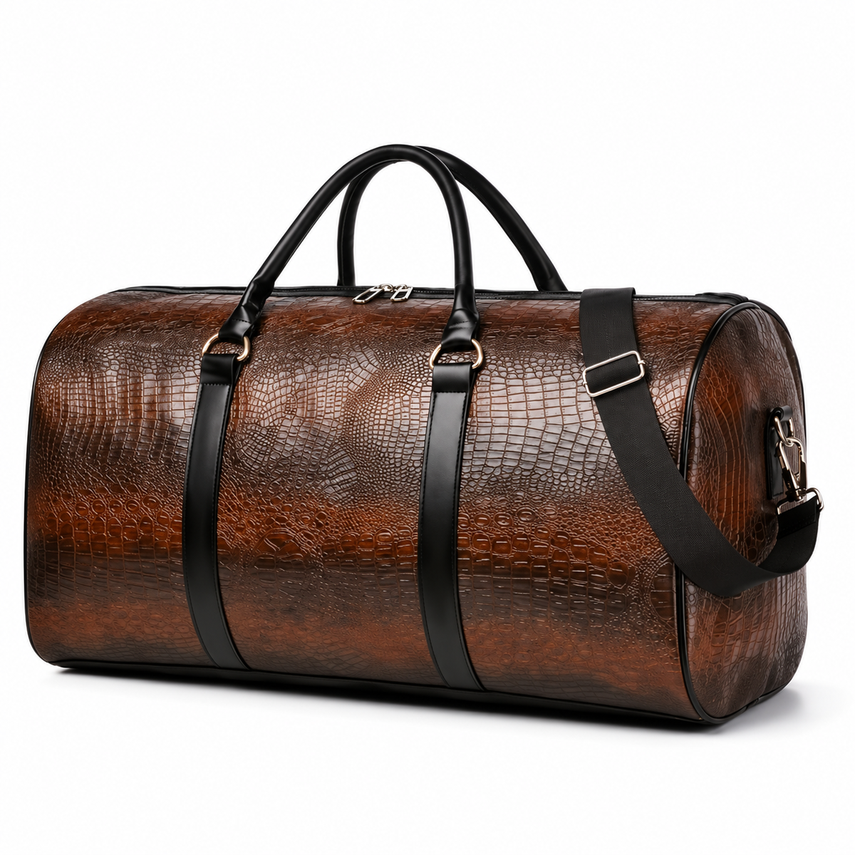 Brown Crocodile Embossed Overnight Duffel Bag