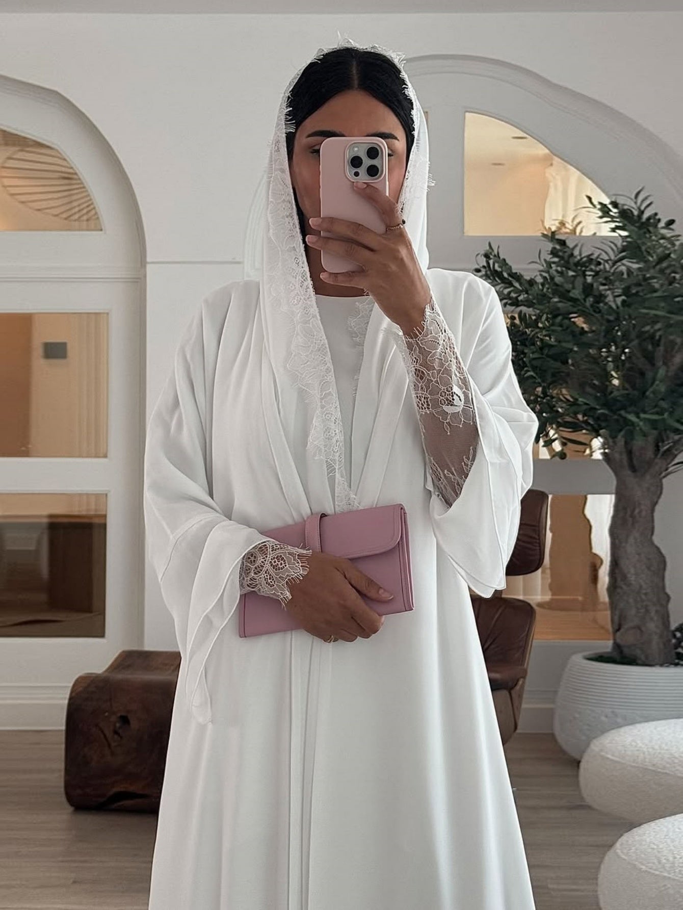Elegant Middle Eastern Emirati Abaya Robe for Women - Long Sleeve Chiffon & Lace Trim, Solid Color, Non-Stretch Fabric, Spring/Summer Traditional Muslim Dress with Matching Headscarf