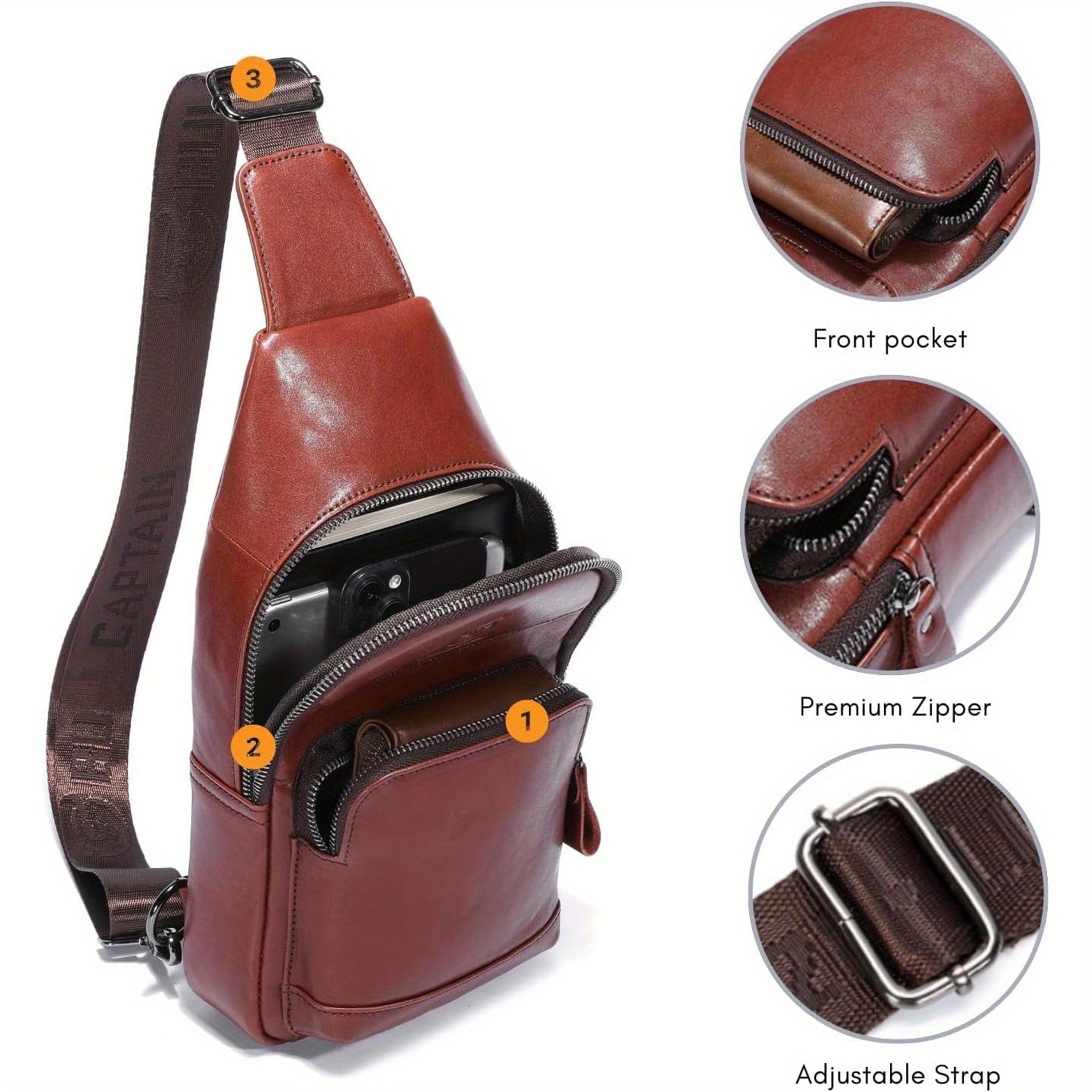 Genuine Leather Sling Bag for Men & Women - Stylish Crossbody Chest Bag with Multiple Compartments, Adjustable Strap & Earphone Hole