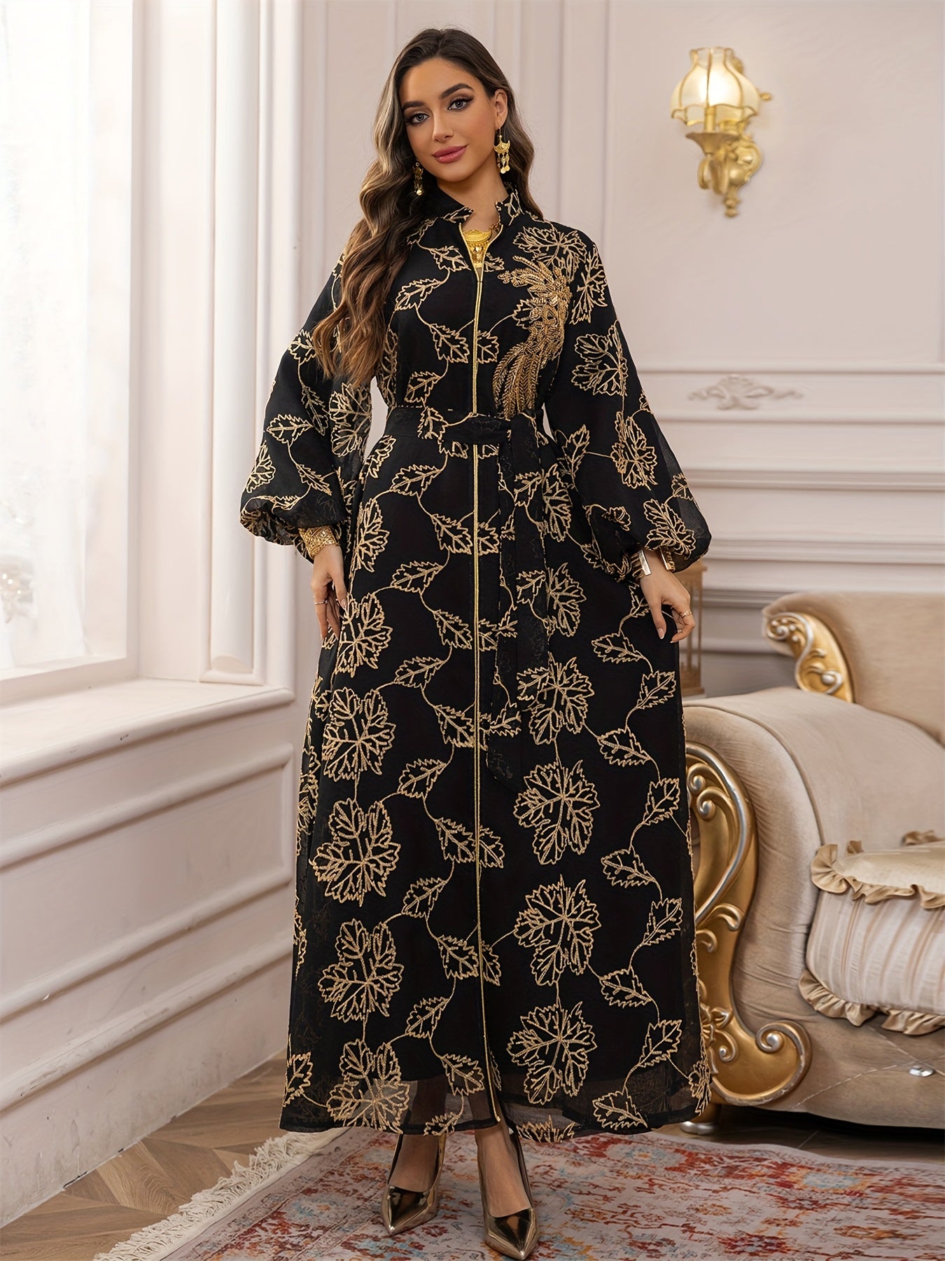 Dubai Floral Embroidery Belted Dress Belt included Lantern Sleeve Maxi Abaya Luxury Woman Evening Dresses Modern Kaftan 2025