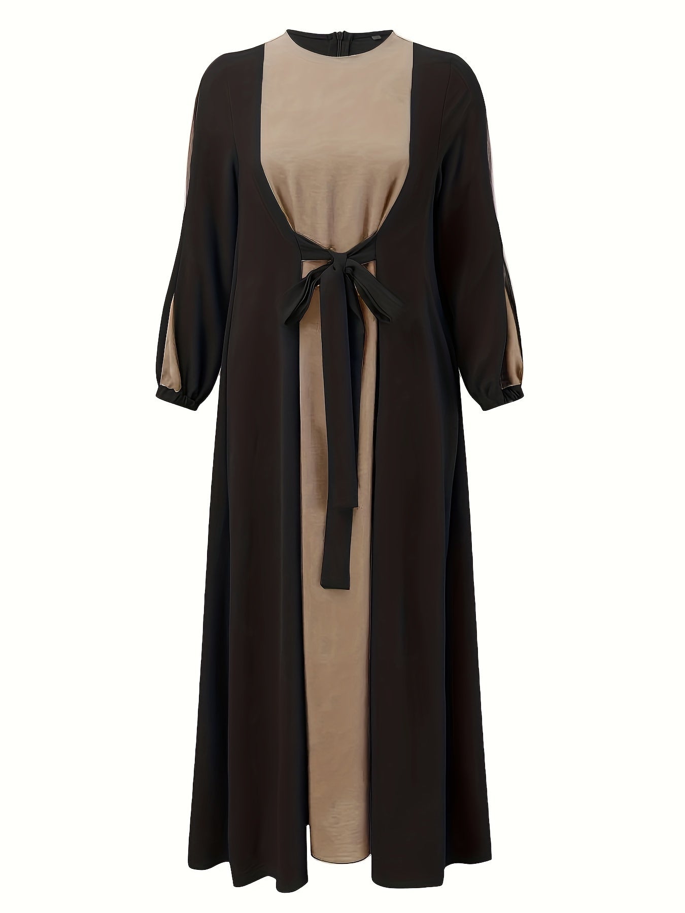 Modest Middle Eastern Baju Abaya Dress - Long Sleeve Round Neck Two-Tone Black & Beige with Adjustable Waist Tie, Non-Stretch Fabric for Ramadan, Daily Wear & Travel, Muslim Dress