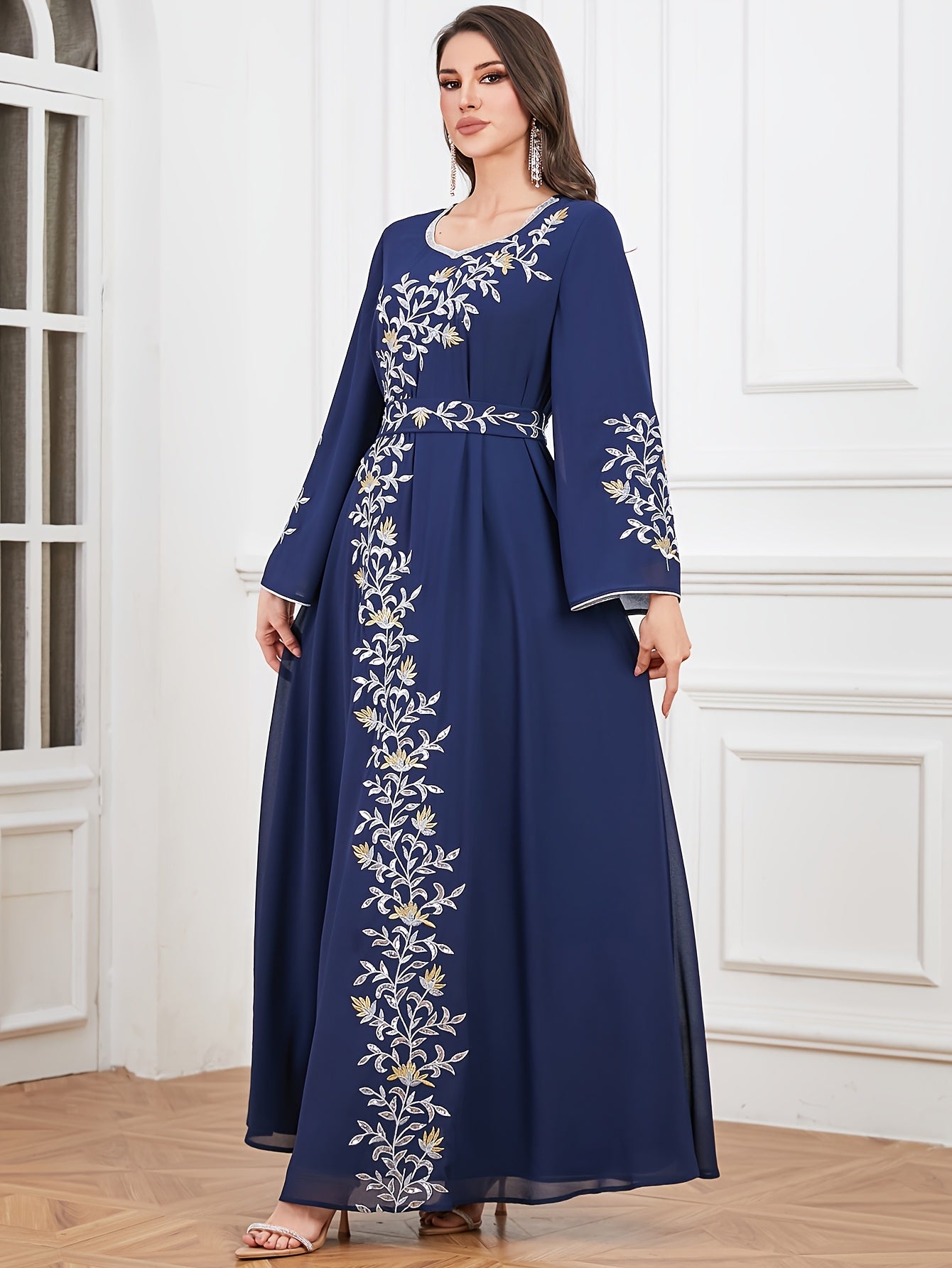 Elegant Embroidered Abaya Dress - Loose Fit, Machine Washable Polyester Modest Kebaya for Women with Belt
