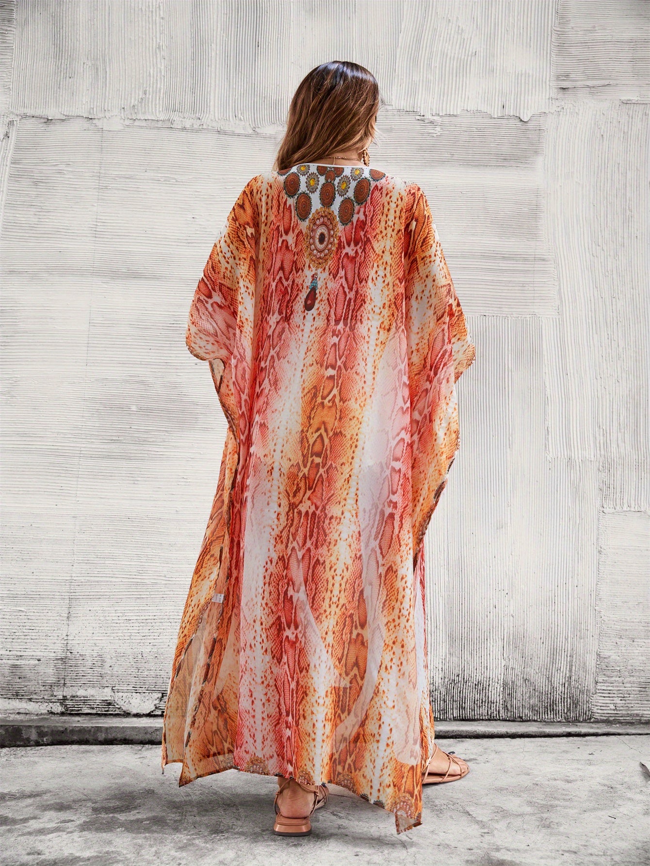 Plus Size Boho Beach Maxi Dress - Vibrant Print V-Neck Kaftan with Side Slits, Stretchy Lightweight Fabric, Short Sleeve Resort Wear for Seaside, Summer Parties & Casual Outings, Beach Dress, Seaside Event Attire, Flowy Fabric
