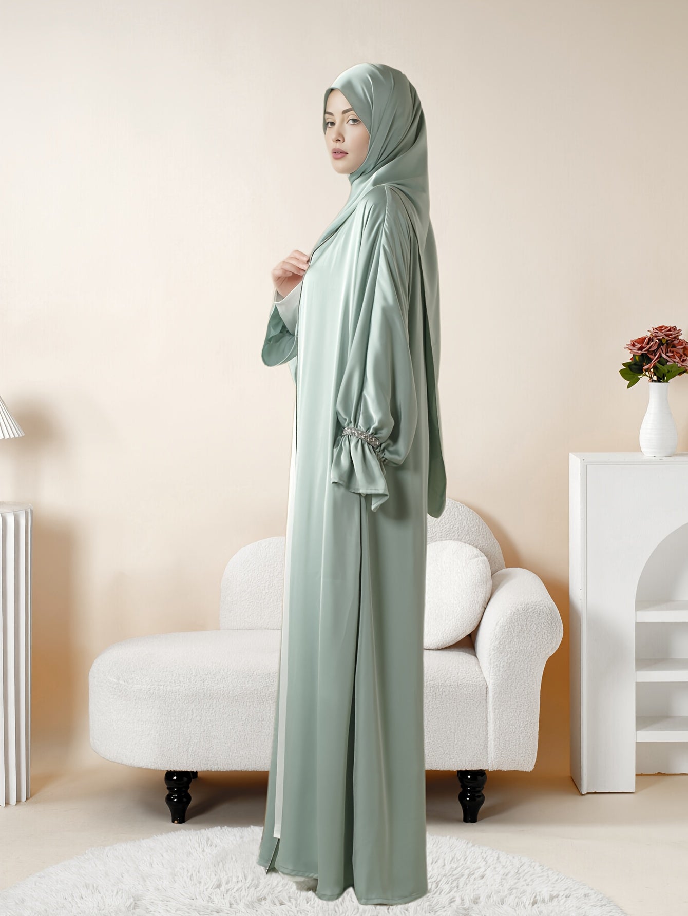 4pcs Set: Poet Sleeve Satin Abaya Eid al-Adha Abaya Muslim Women's Ramadan, Eid al-Fitr, Eid al-Adha, Mawlid, Prayer dress gown robe outfit long robe outfit comfortable soft breathable