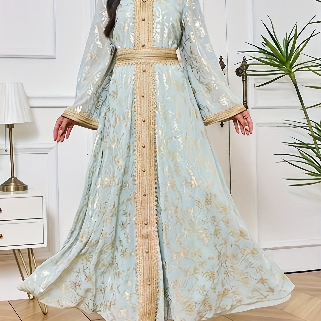 Elegant V-neck Foil Stamping Long-sleeved Palestinian Abaya