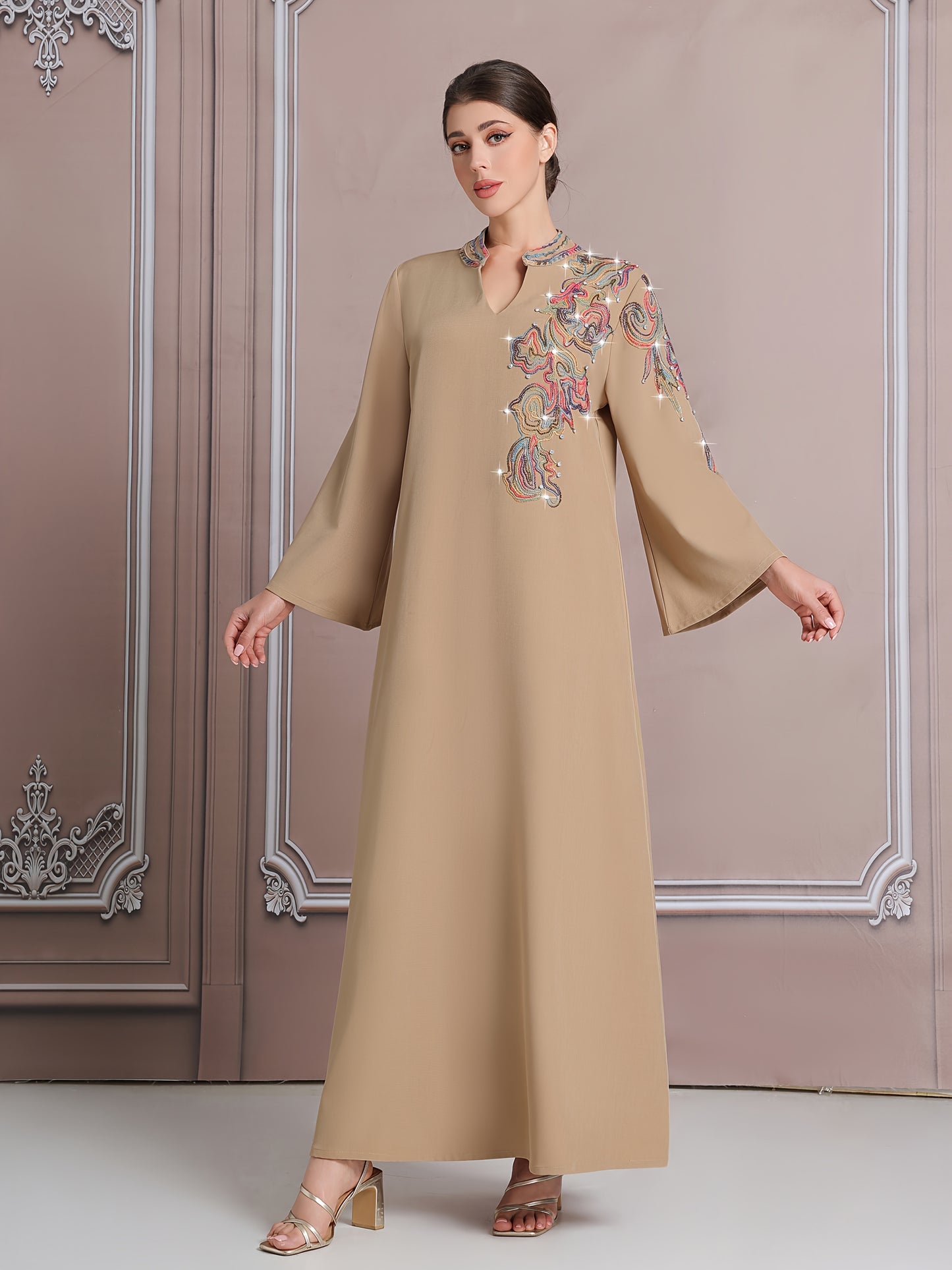 Elegant Dubai-Inspired Modern Kaftan Abaya for Women - Colorful Embroidered Long Robe with Large Size, Beige Abaya, Middle Eastern Fashion, Fashionable Clothing