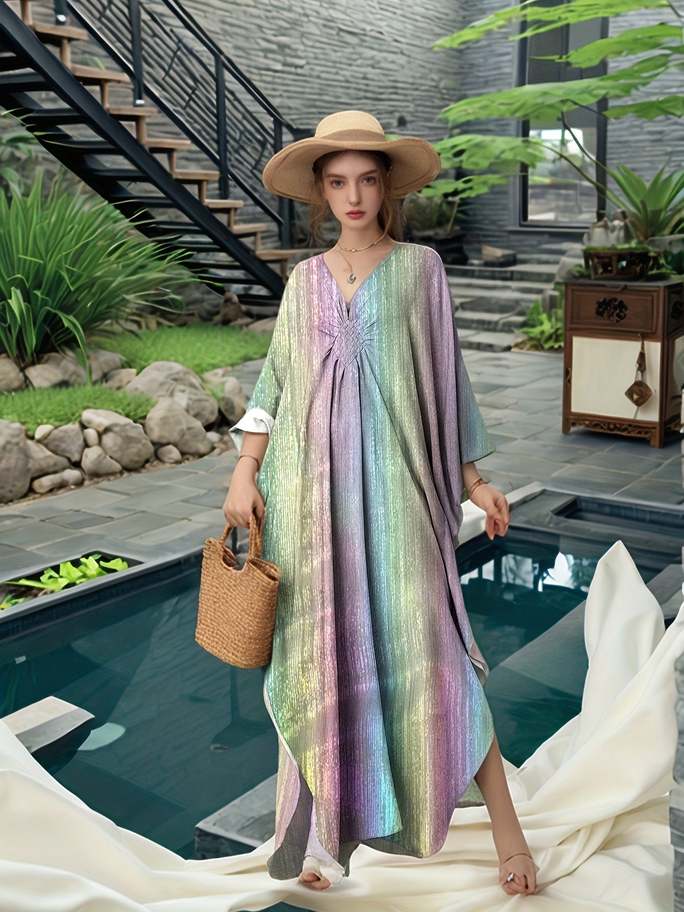 Kaftan Dresses For Women Sparkly Glitter Batwing Sleeve Kaftan Cover Up Beach Maxi Dress Loungewear