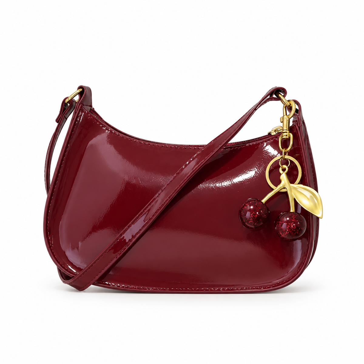 Glossy Burgundy Cherry Charm Shoulder Bag