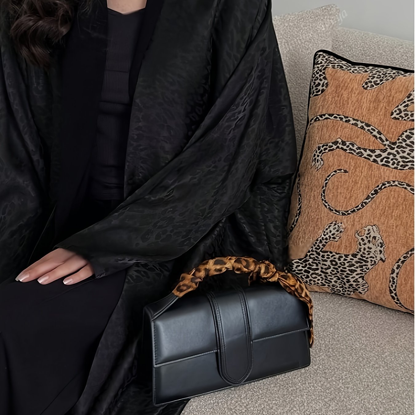 Women's Elegant Black Leopard Print Abaya Kaftan Dress - Long Sleeve, Open Front, Beltless Design, Perfect for Daily Wear and Festivals, Spring/Summer/Fall Collection, Festival Attire