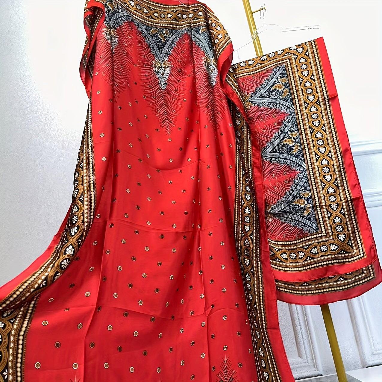 Print Abaya | Women's Clothing | Elegant Short Batwing Sleeve Kaftan | Loose Dress With Scarf | For Spring & Summer
