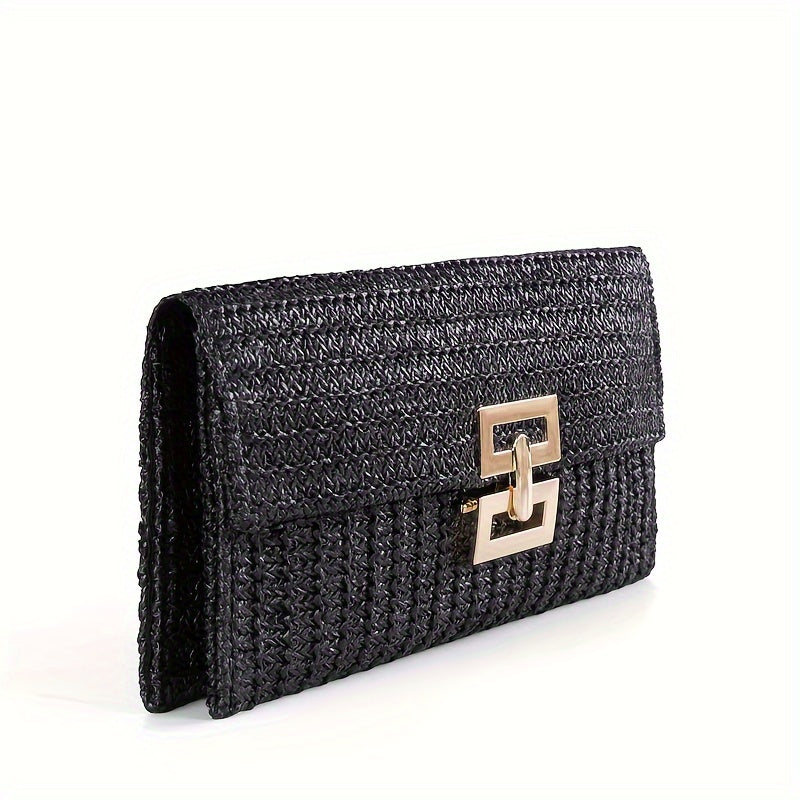 Women's Square Flap Straw Clutch Bag, Bohemian Vacation Woven Wallet