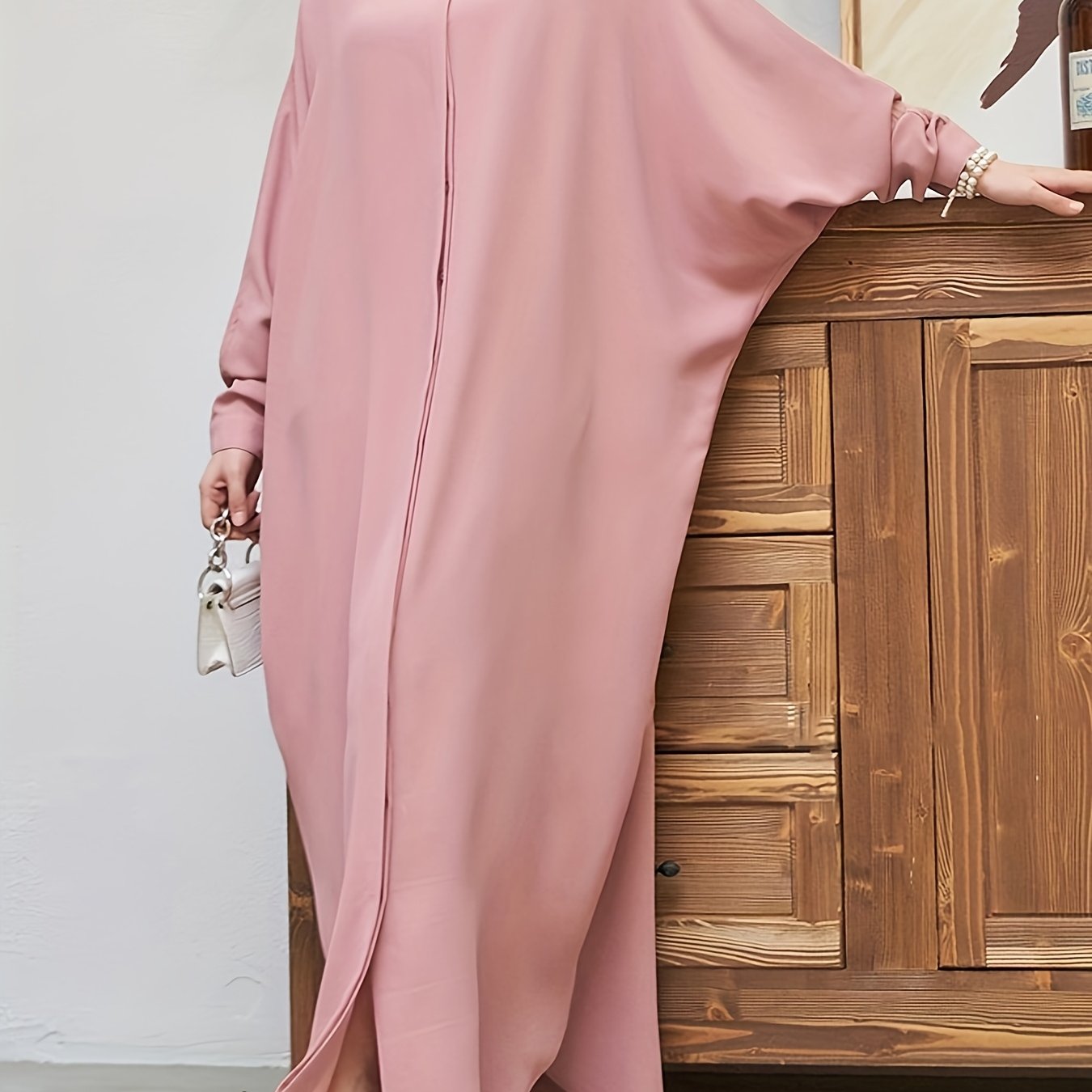 Ramadan Modest Batwing Sleeve Kaftan Abaya - Solid Black Loose Fit Maxi Dress with Slit Hem & Button Front, Non-Stretch Fabric for Women, All-Season Versatile Abaya