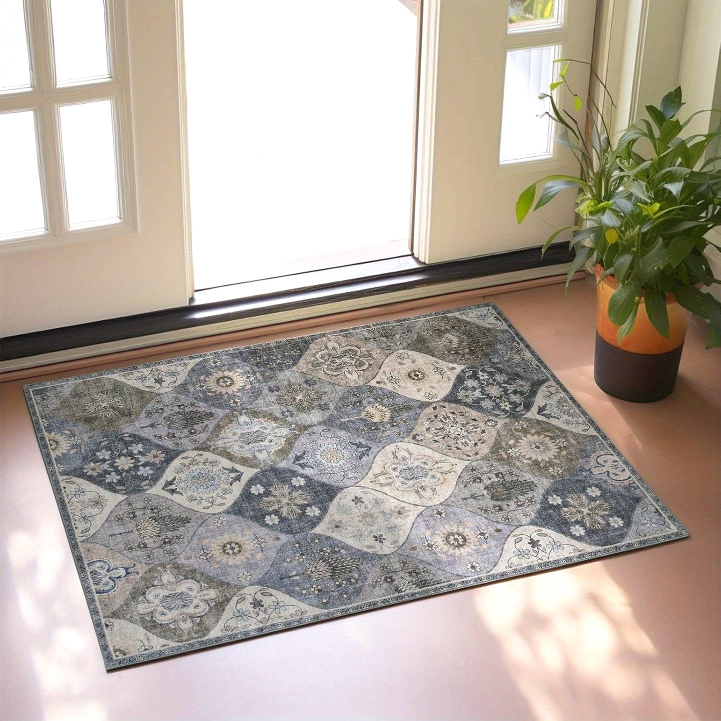 Moroccan Floral Area Rug, Entryway Rug Non-Slip Washable Small Rug, Ultra Soft Antique Print Vintage Distressed Low-Pile Indoor Door Mat Floor Carpet for Entrance Kitchen Bathroom Bedroom
