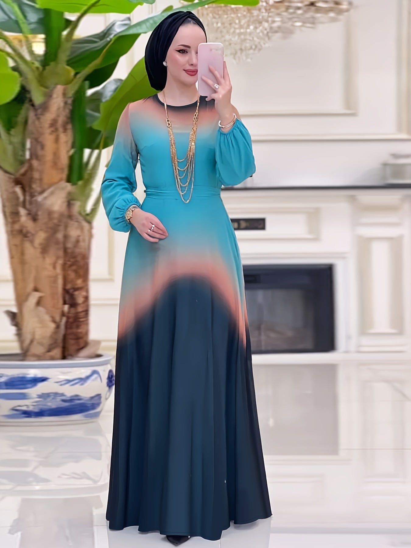 Women's Middle Eastern Muslim Baju Abaya Kaftan Dress - Teal to Orange Gradient Long Sleeve Long Dress, Machine Washable All-Season Modest Traditional Attire for Casual & Formal Occasions