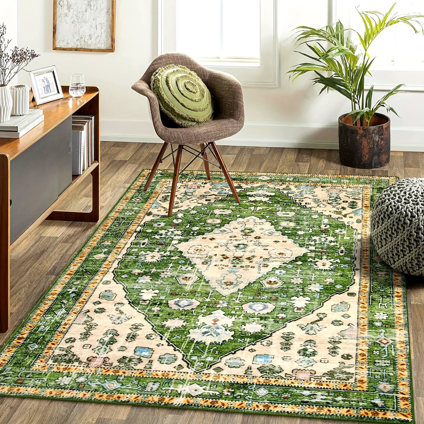 Boho Tribal Area Mat - Distressed Green Machine Washable & Non-Slip 100% Artificial Fur Mat, Large Sizes up to 2.16m² for Entryway, Bedroom, Living Room, Office - Bohemian Indoor Floor Rugs, Entryway Decor, Large Area Carpet