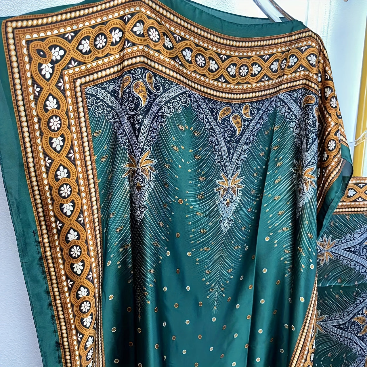 Women's Elegant Short Sleeve Loose Fit Long Dress - Traditional Middle Eastern Baju Abaya with All-Over Floral Print, Adjustable Waist Belt & Boat Neck Scarf - Breathable Machine-Washable