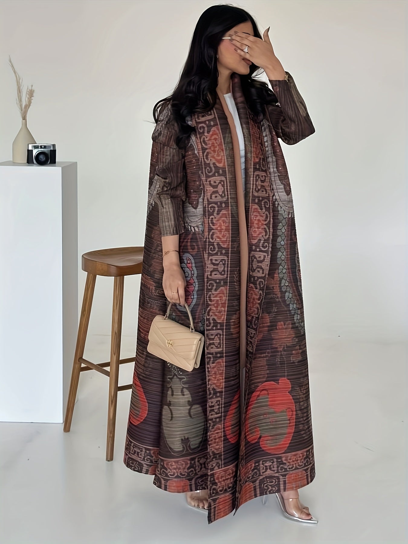 Elegant Oversized Kaftan Dress with Intricate Print - Loose Long Sleeve, Open Front Abaya, High Stretch Fabric, Perfect for Spring & Fall, Commuting Fashion, Elegant Attire | Elegant Sleeve Dress