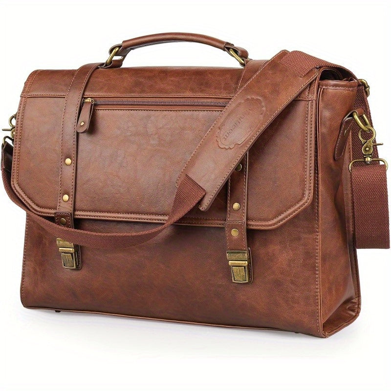 Men's 17 Inch High Quality Leather Laptop Messenger Bag - Retro Vintage Style with Multiple Compartments, Adjustable Shoulder Strap & Metal Hardware, Durable Satchel for Office