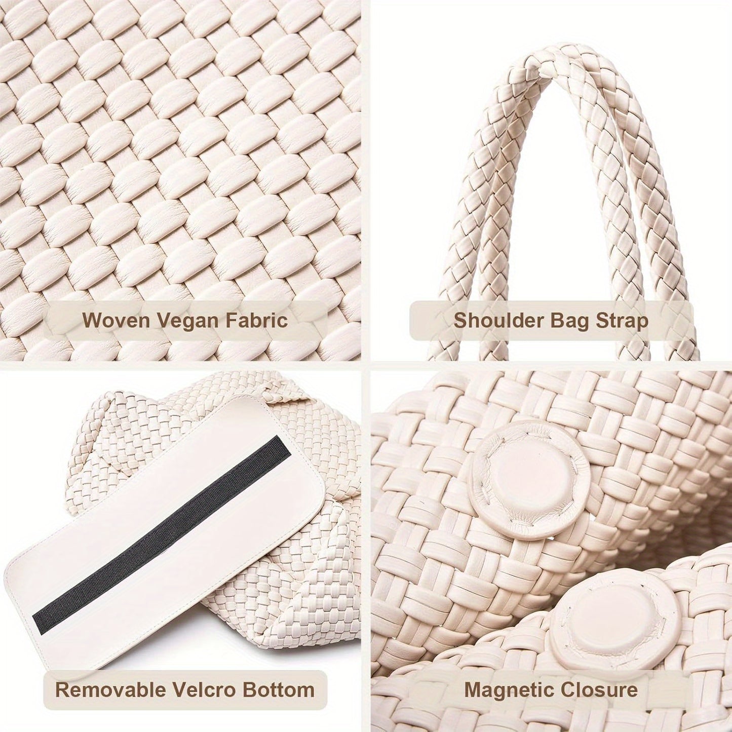 Women's Vegan Tote Bag - Large Woven Handbag with Zipper Closure & Wrist Strap, White & Brown Striped Design, Durable Oil-Edged Finish for Casual or Formal Use