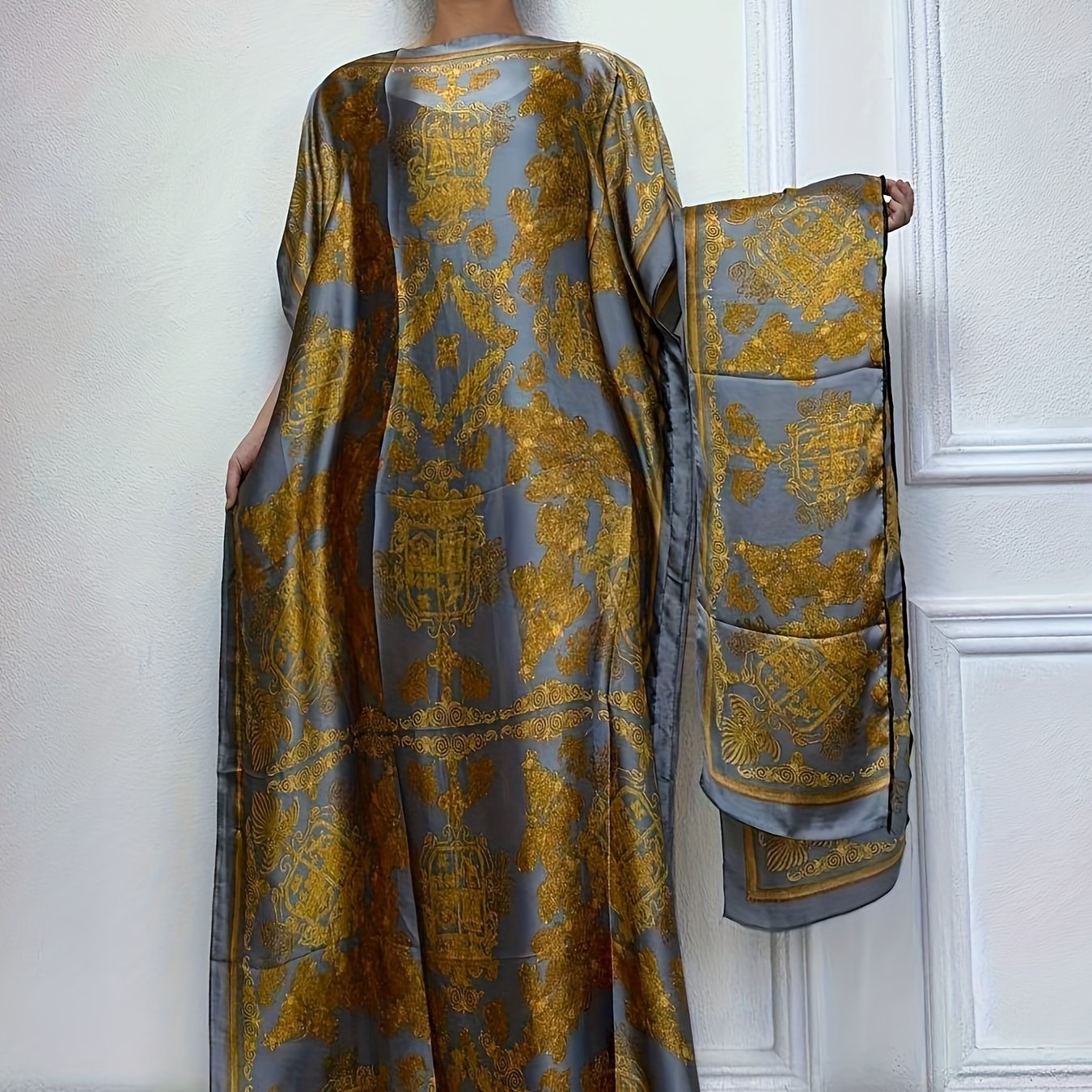 Lightweight Polyester Women's Kaftan Abaya Dress | Golden Floral Print Batwing Sleeve Loose Fit Maxi Dress, Middle Eastern-Inspired Spring Summer Fall Casual to Formal Wear with Scarf