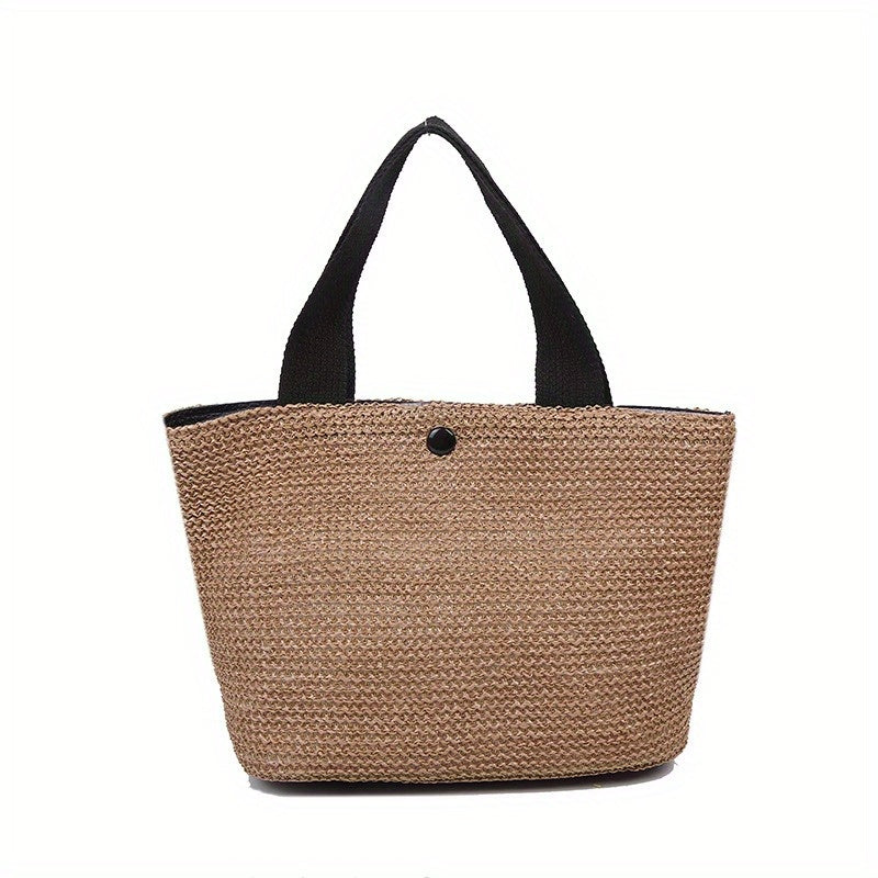Chic Black Braided Woven Texture Tote Bag for Women - Casual Beach Vacation Handbag with Buckle Closure & Polyester Lined Interior