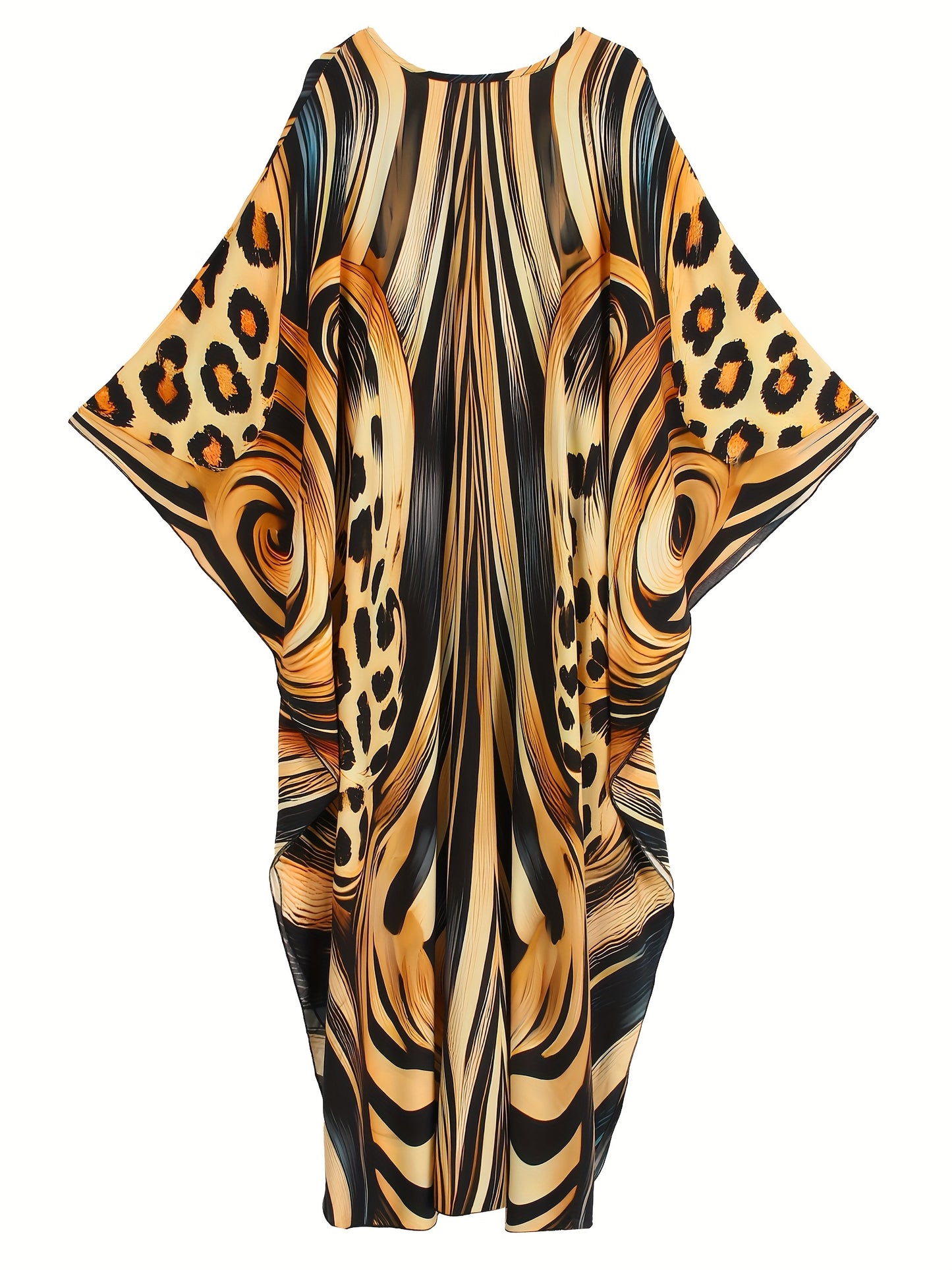 EDOLYNSA Women's Deep V-Neck Leopard Print Turkish Kaftan Dress - Long Sleeve Batwing Beach Cover-Up with Chest Ruching, Loose Fit Maxi for Resort Wear, Poolside & Casual Outings, Beach Dress, Summer Vacation Outfit, Batwing