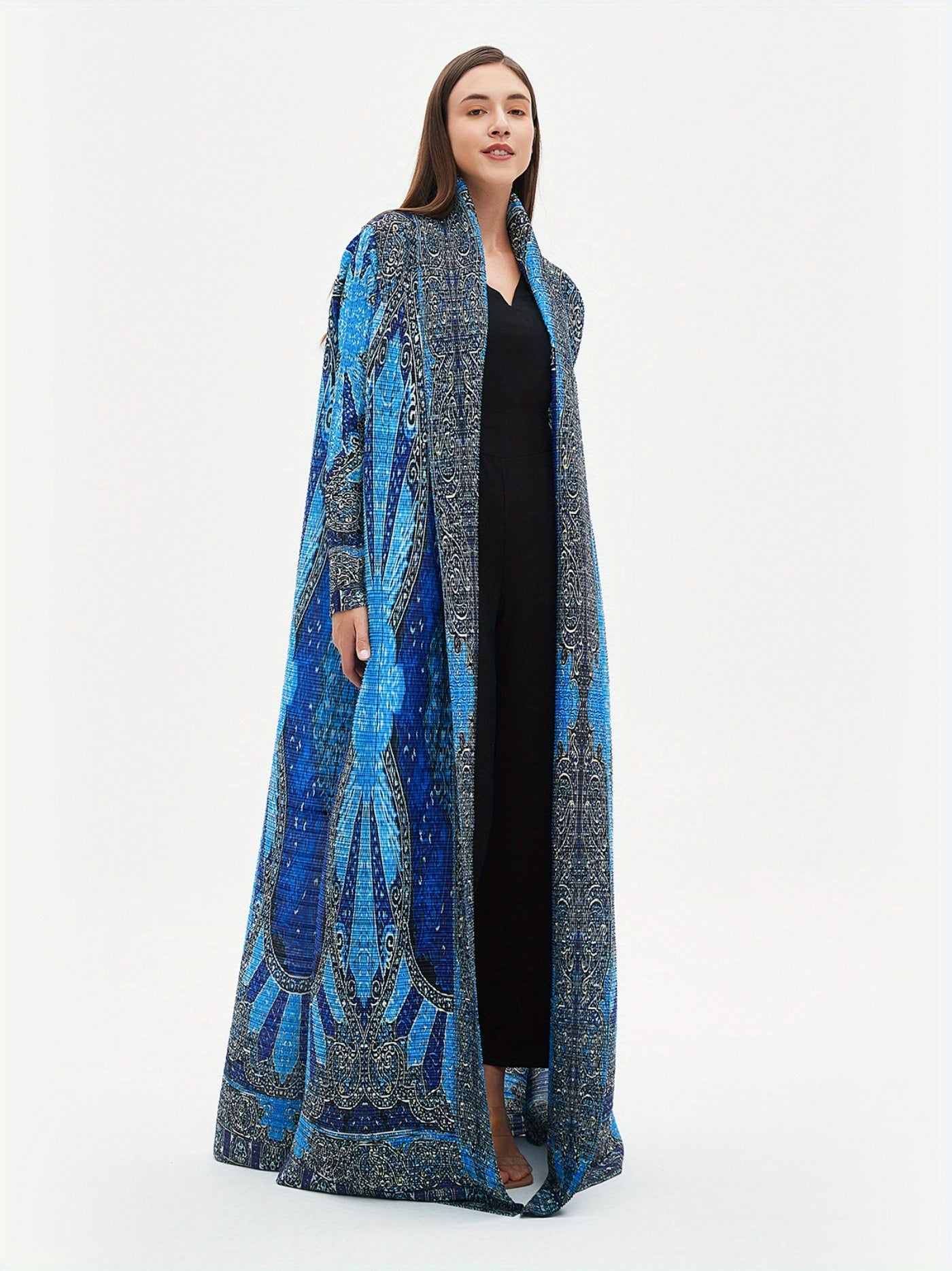 2025 Summer New Miyake-Style Kaftan Abaya, Long Sleeve, High-Elasticity Polyester Dress with Geometric Print, Belted Waist Design - Versatile for Daily Commute & Formal Occasions