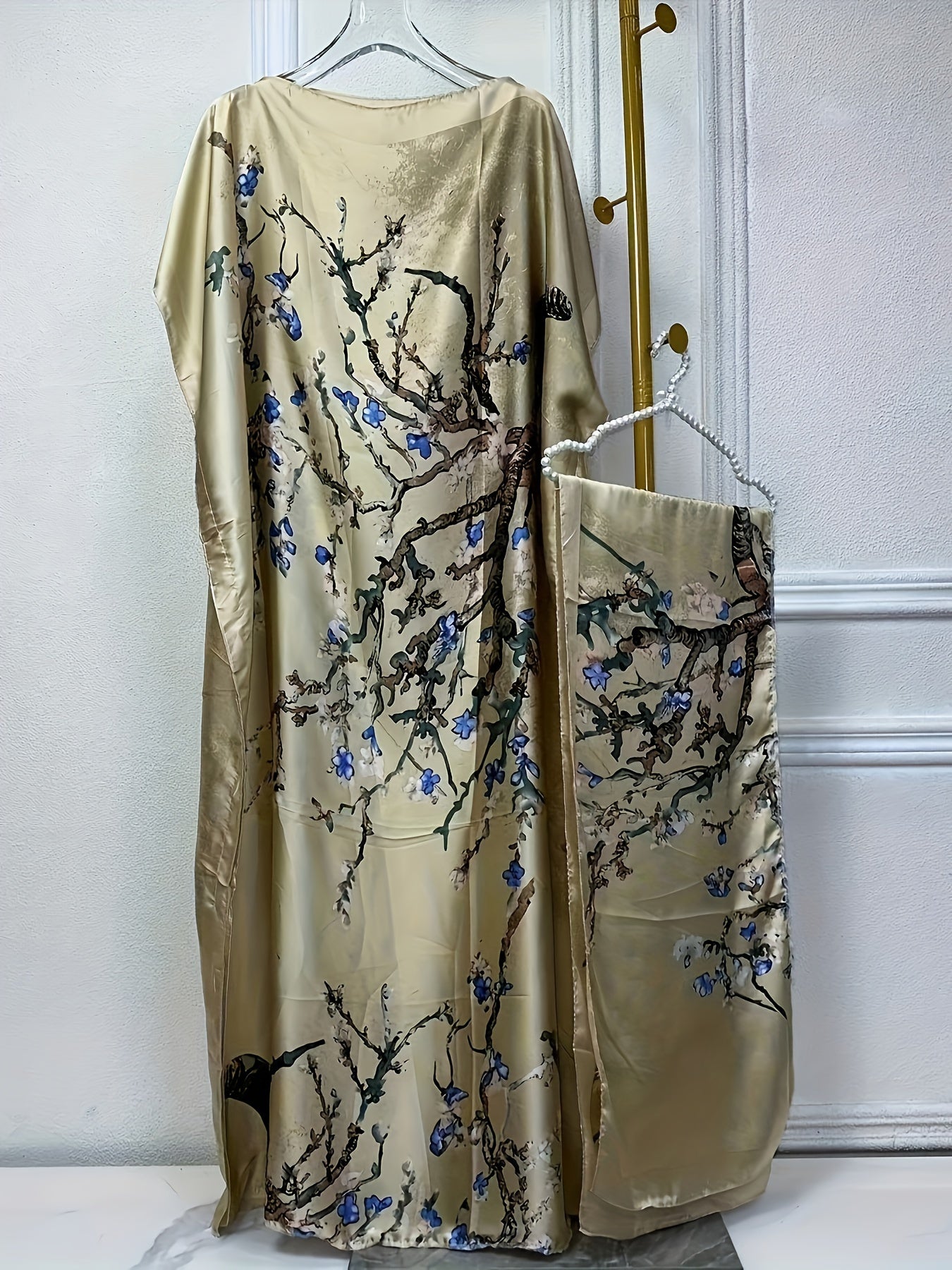Elegant Floral Print Abaya Set with Batwing Sleeves and Draped Asymmetrical Hem